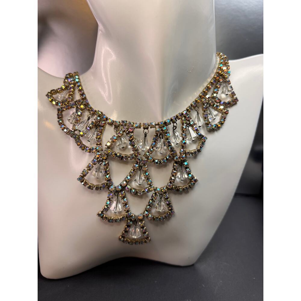 Vintage AB Rhinestone Bib Necklace Clear Glass Dangles Gold Tone - Picture 1 of 12